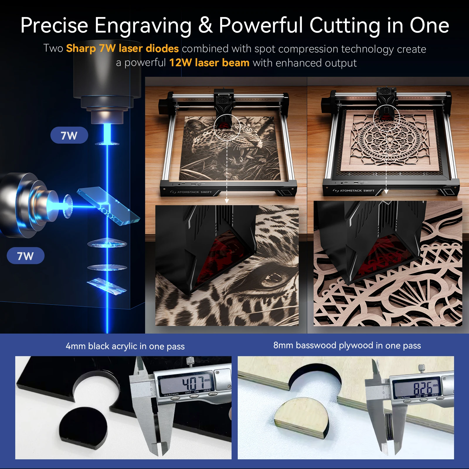 ATOMSTACK SWIFT Portable Laser Engraving Machine 12W 7W Laser Engraver Wood working Tools Diy Dog tags Acrylic Metal 300*300mm CNC Laser Engraver DIY Engraver Cutter WIFI Home Working Tools Kit