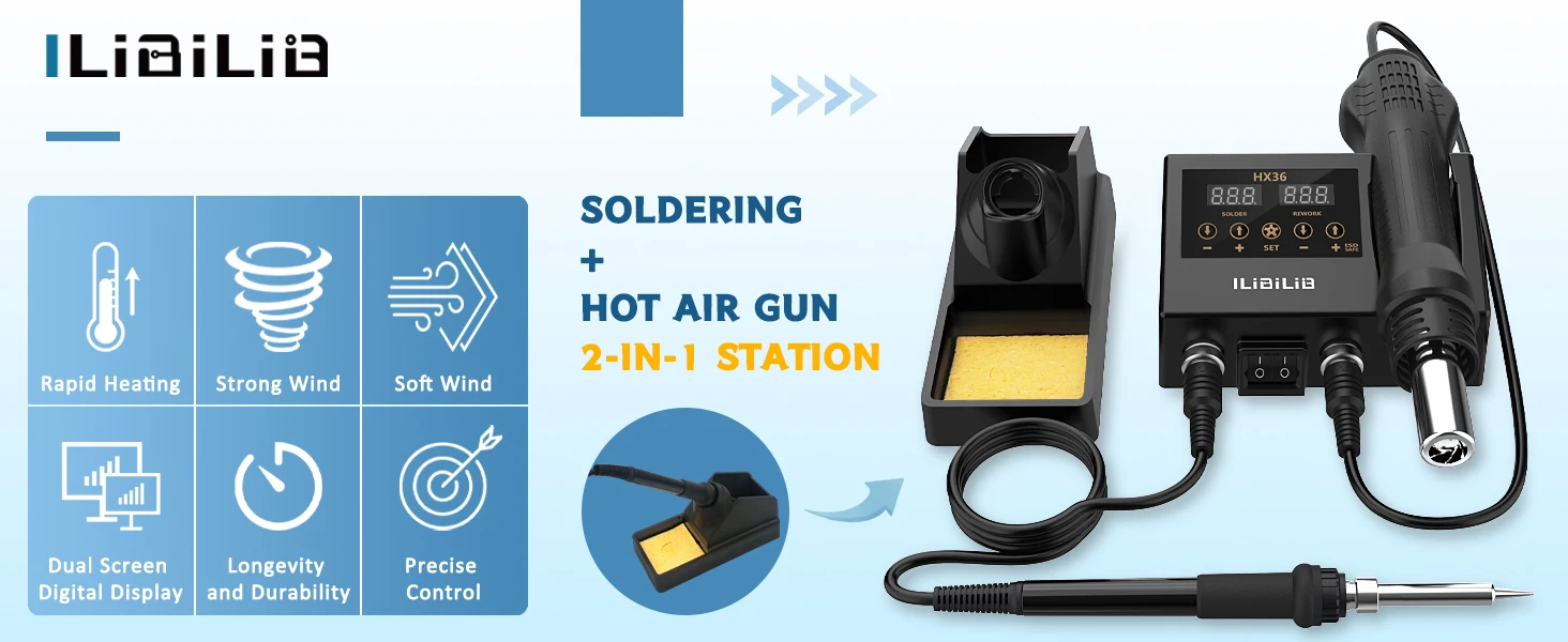 ILIBILIB 2in1 Soldering Solder Station Rework Iron Hot Air Gun Digital SMD Desoldering
