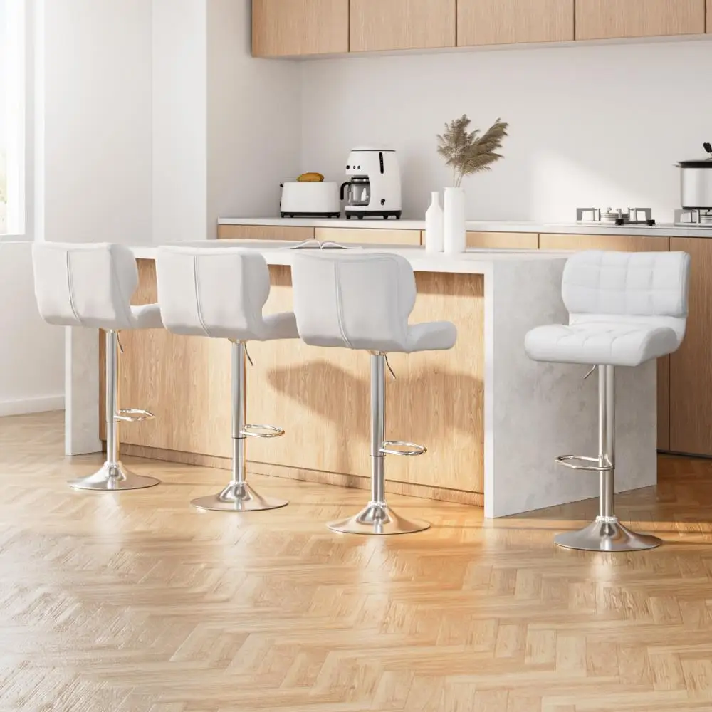 Set of 4 White Gas Lift Leather Padded Bar Stools Adjustable Swivel Kitchen Counter Chairs