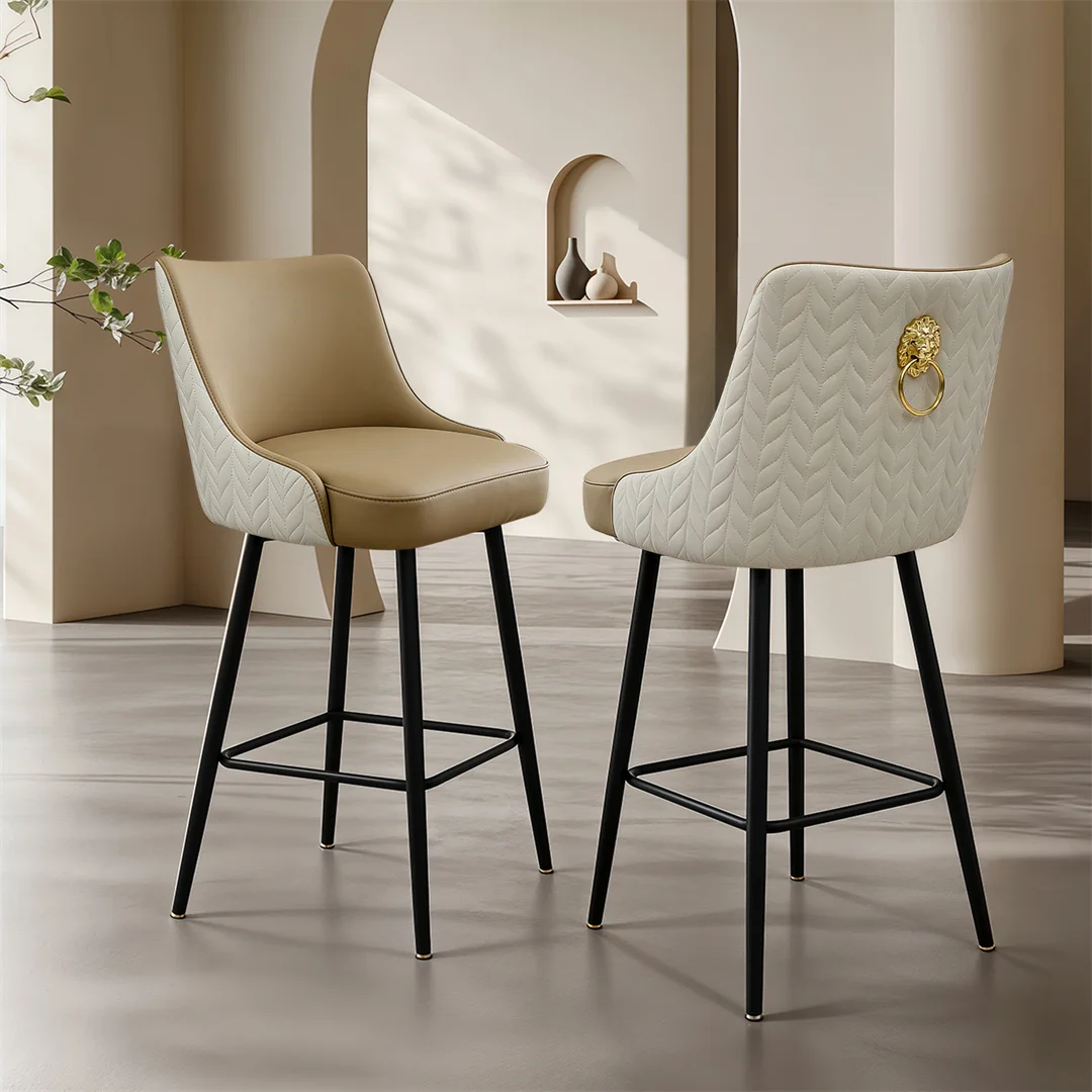360 Swivel Upholstered Bar Stools, High Tufted Back with Lion Head Pull Ring, Microfiber Leather Counter Height Chairs with Footrest for Kitchen Island