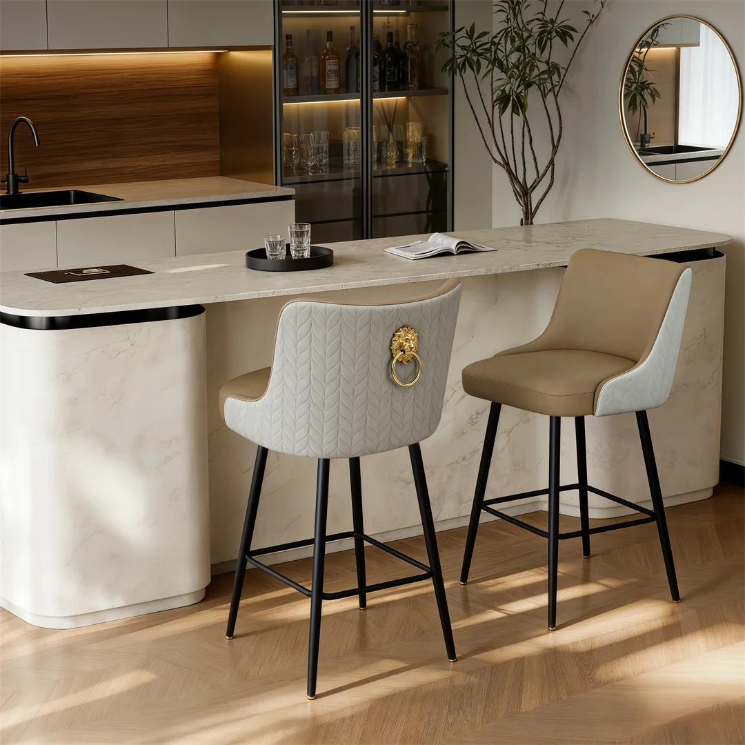 360 Swivel Upholstered Bar Stools, High Tufted Back with Lion Head Pull Ring, Microfiber Leather Counter Height Chairs with Footrest for Kitchen Island