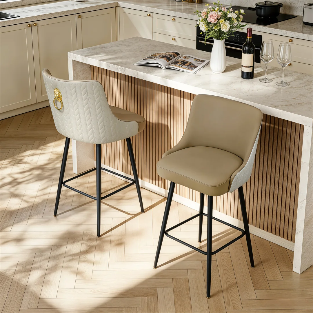 360 Swivel Upholstered Bar Stools, High Tufted Back with Lion Head Pull Ring, Microfiber Leather Counter Height Chairs with Footrest for Kitchen Island