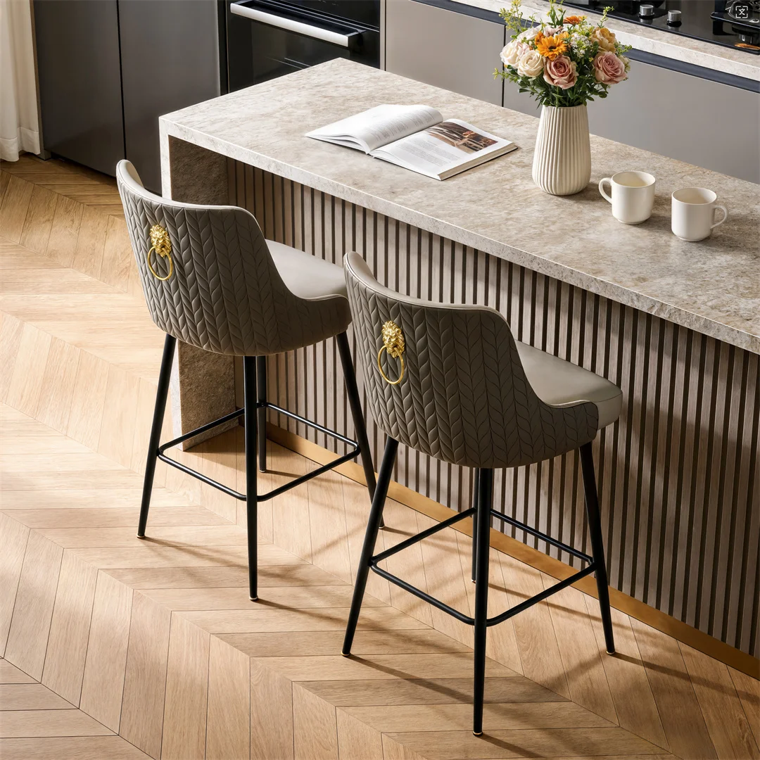 360 Swivel Upholstered Bar Stools, High Tufted Back with Lion Head Pull Ring, Microfiber Leather Counter Height Chairs with Footrest for Kitchen Island