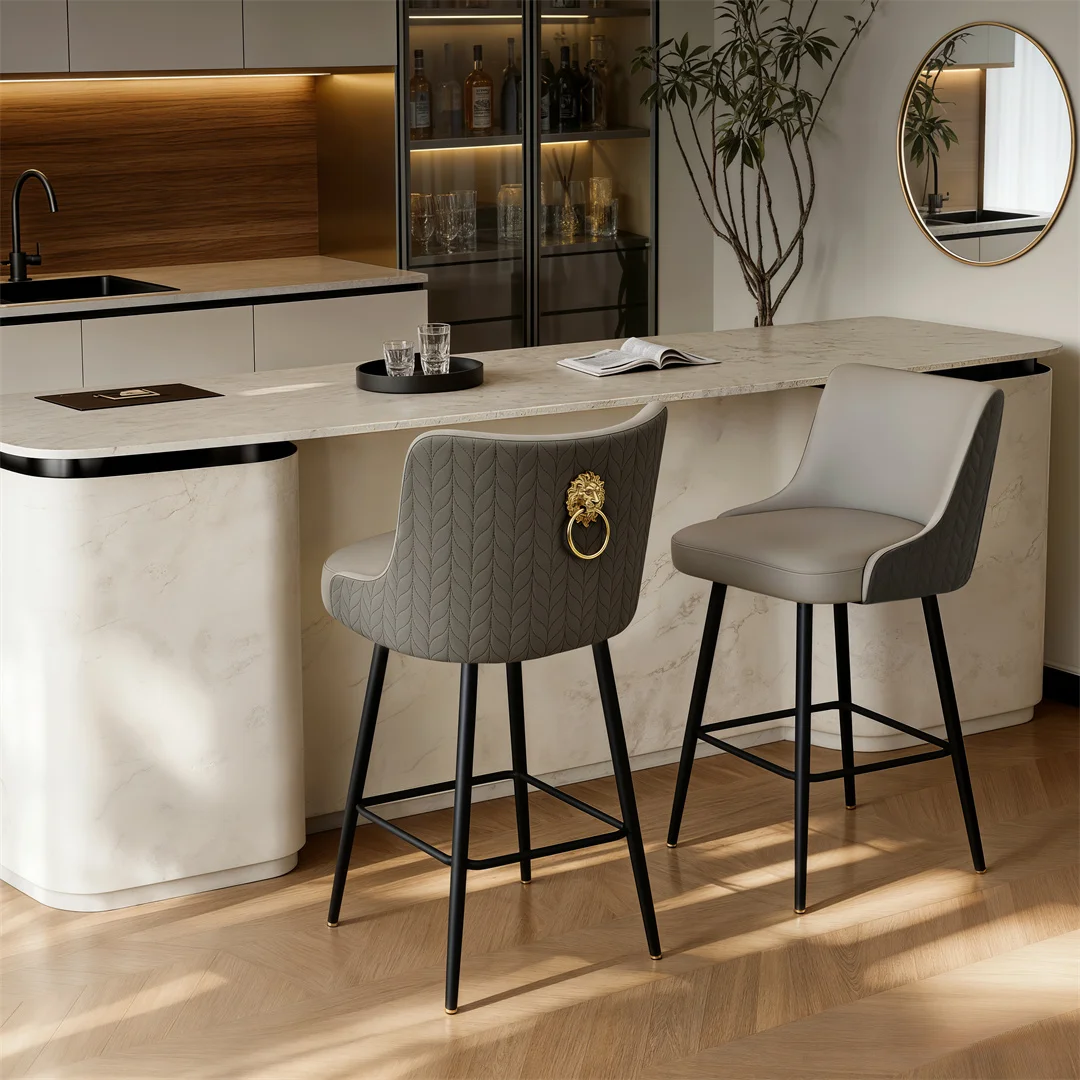 360 Swivel Upholstered Bar Stools, High Tufted Back with Lion Head Pull Ring, Microfiber Leather Counter Height Chairs with Footrest for Kitchen Island