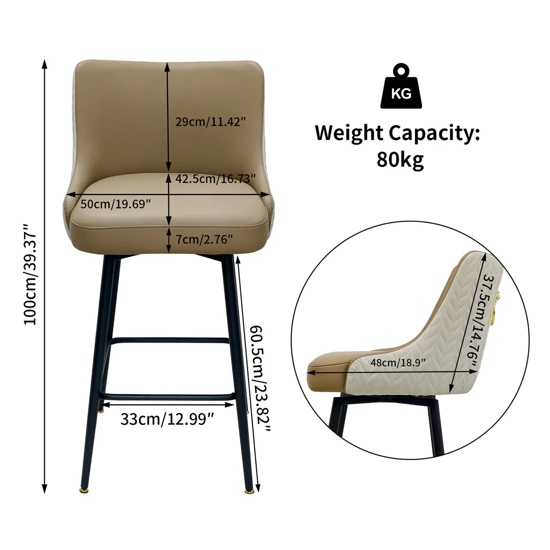 360 Swivel Upholstered Bar Stools, High Tufted Back with Lion Head Pull Ring, Microfiber Leather Counter Height Chairs with Footrest for Kitchen Island