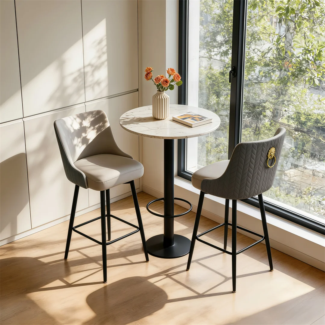 360 Swivel Upholstered Bar Stools, High Tufted Back with Lion Head Pull Ring, Microfiber Leather Counter Height Chairs with Footrest for Kitchen Island