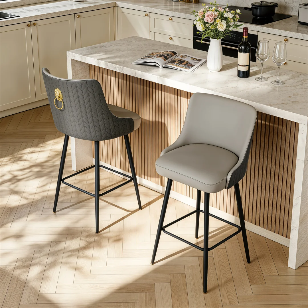 360 Swivel Upholstered Bar Stools, High Tufted Back with Lion Head Pull Ring, Microfiber Leather Counter Height Chairs with Footrest for Kitchen Island