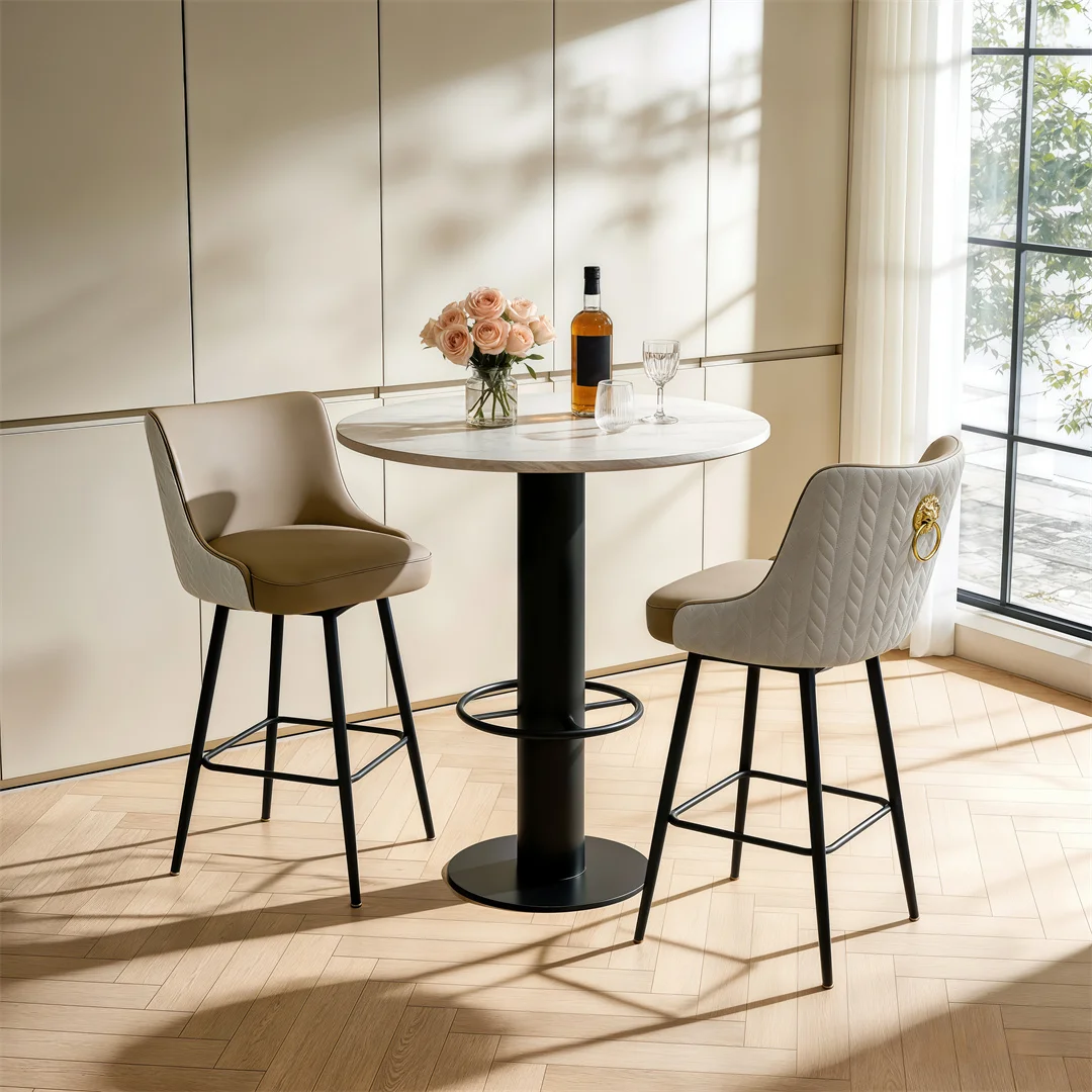 360 Swivel Upholstered Bar Stools, High Tufted Back with Lion Head Pull Ring, Microfiber Leather Counter Height Chairs with Footrest for Kitchen Island