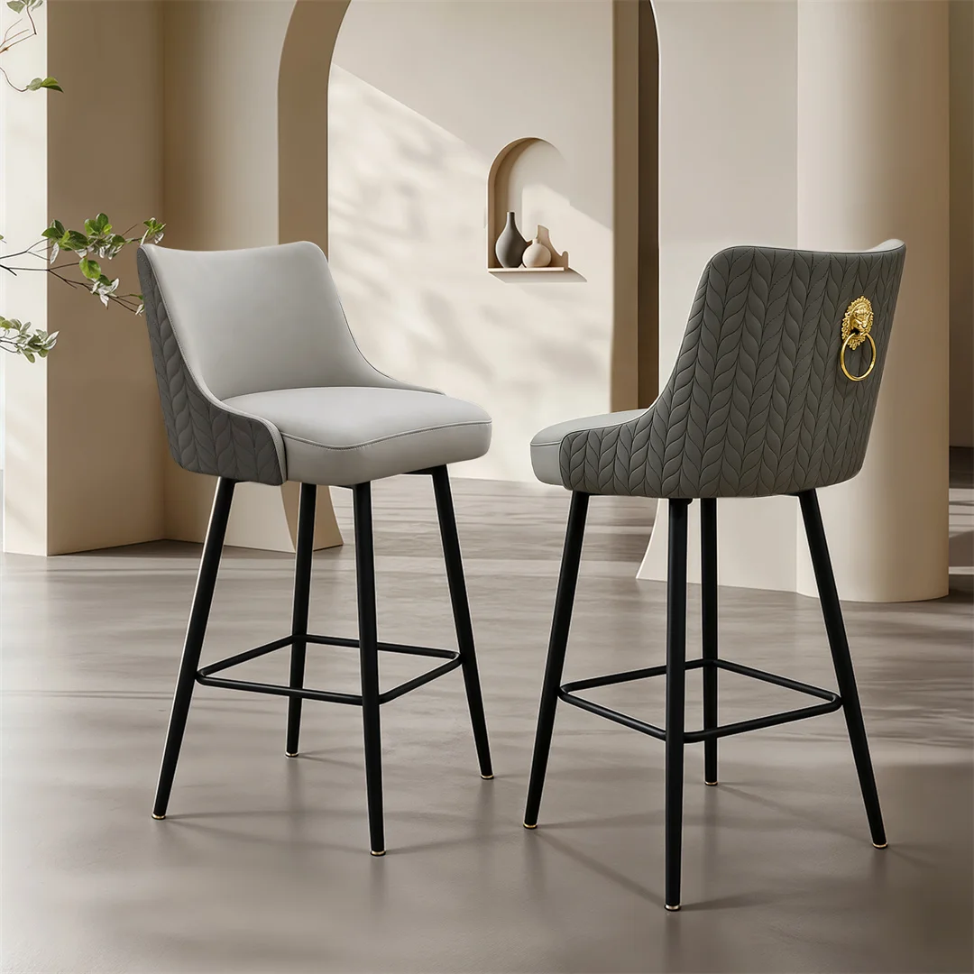 360 Swivel Upholstered Bar Stools, High Tufted Back with Lion Head Pull Ring, Microfiber Leather Counter Height Chairs with Footrest for Kitchen Island