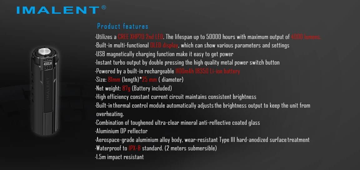 IMALENT LD70 EDC Powerful Flashlight Rechargeable Torch 4000 Lumens Cree XHP70.2 Led Handlight for Camping Hiking Self Defense