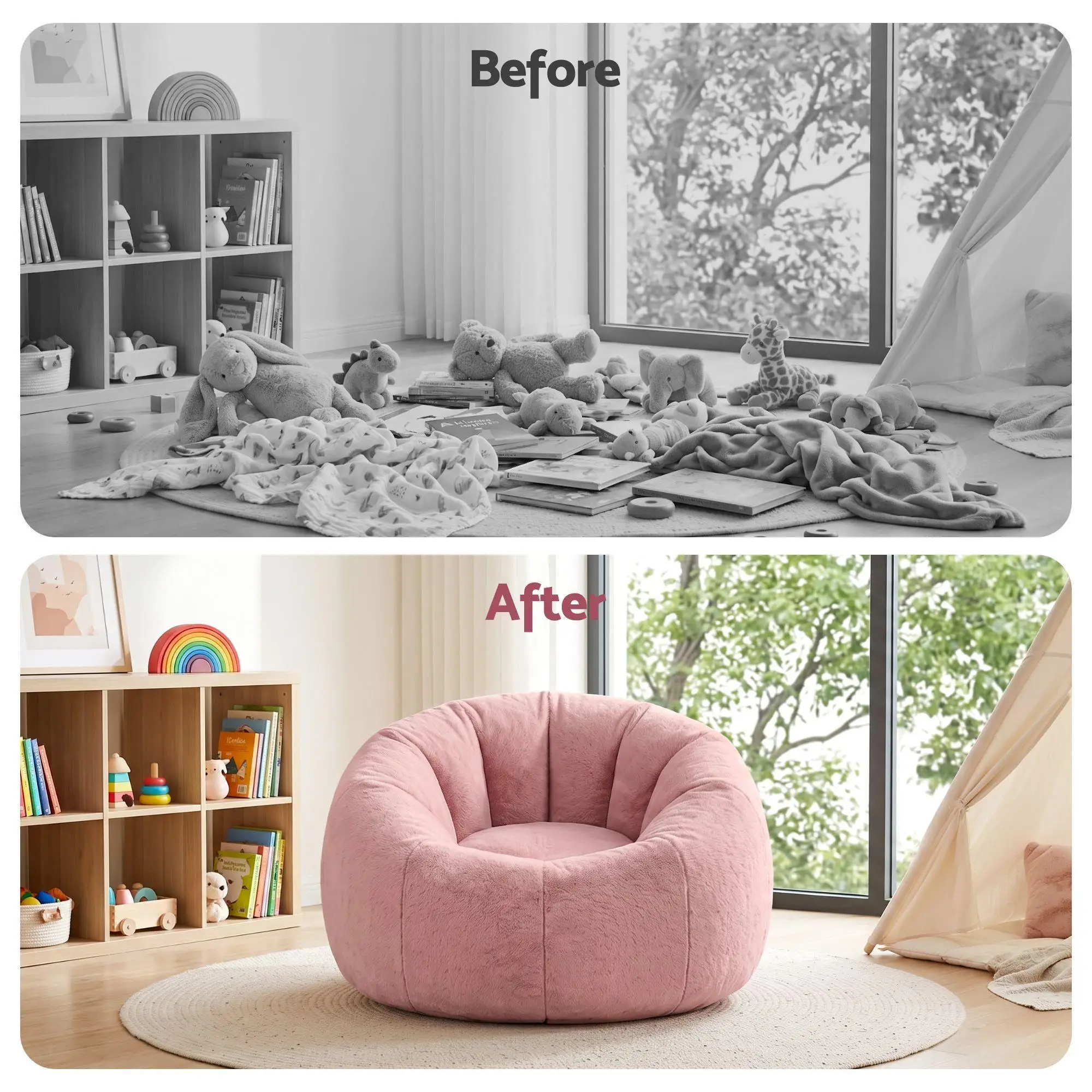 Soft Faux Fur Bean Bag Chair Cover Large Round Stuffed Animal Storage Seat Washable Lazy Sofa Cover Pink