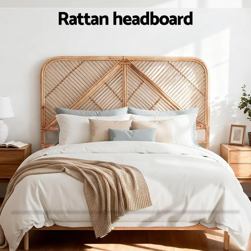 FRED Pine Rattan Queen Bed Headboard Elegant Bedroom Wall Mounted Bedhead Natural Woven Design