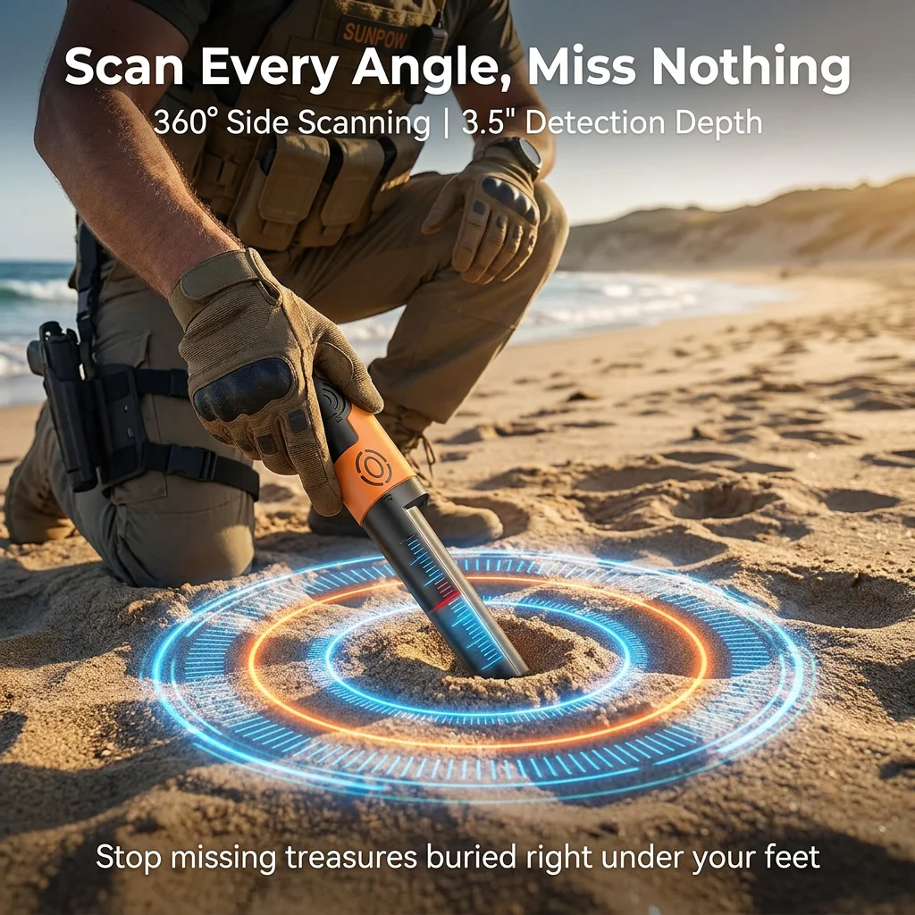 SUNPOW Metal Detector Pinpointer for Adults Kids IP68 Waterproof Handheld 360° High Sensitivity Detection 2 Alert Modes Beach Garden Underground Treasure Hunting Locator