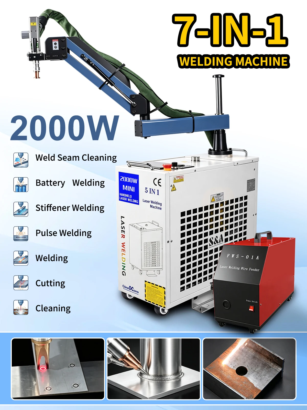 2000W 7 in 1 Laser Battery Welding Stiffener Welding Laser Cleaning Cutting Welding Machine for Metal Handheld Laser Welder