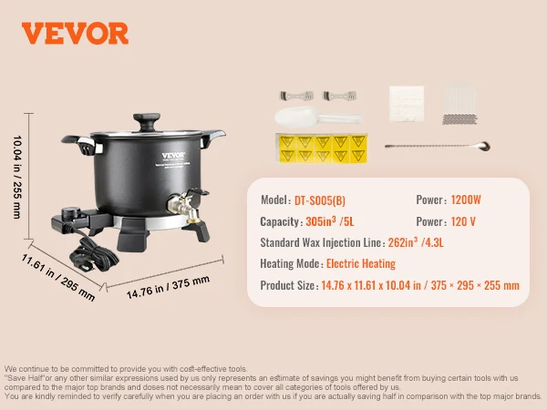 VEVOR Wax Melter for Candle Making 5 Liter Large Electric Melting Pot Easy Pour Spout 4-level Temperature Control Easy Clean