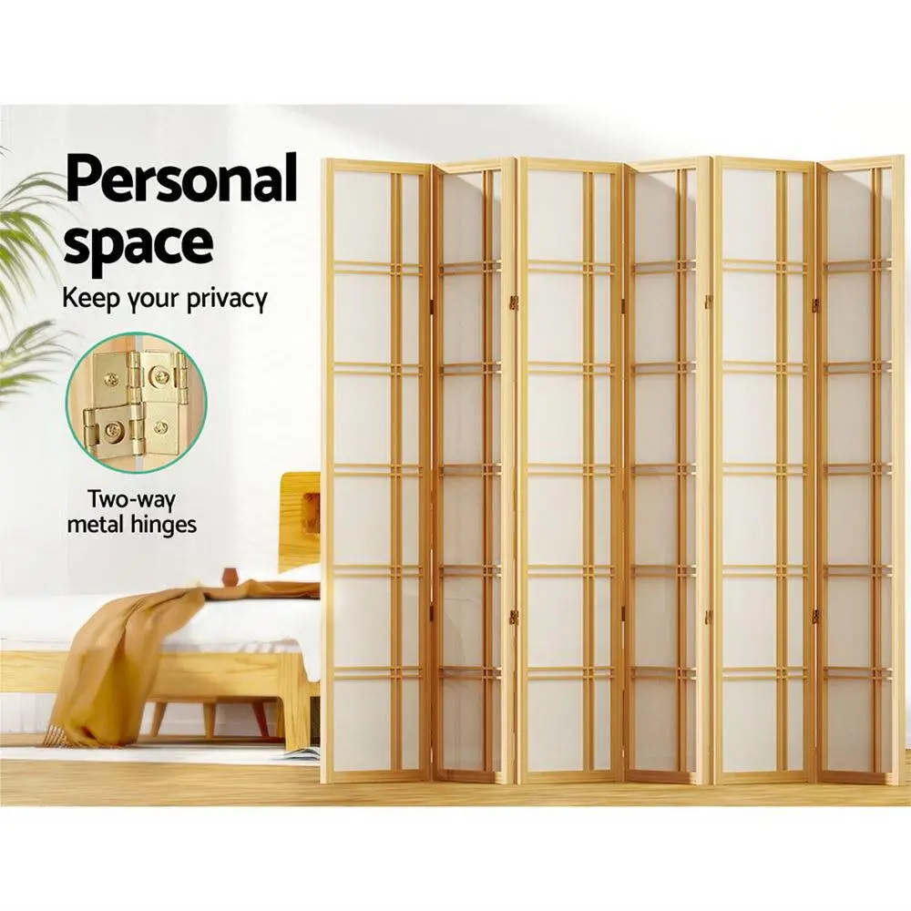 6 Panel Natural Room Divider Screen 265x179cm Folding Privacy Partition for Home Office Living Room Decor