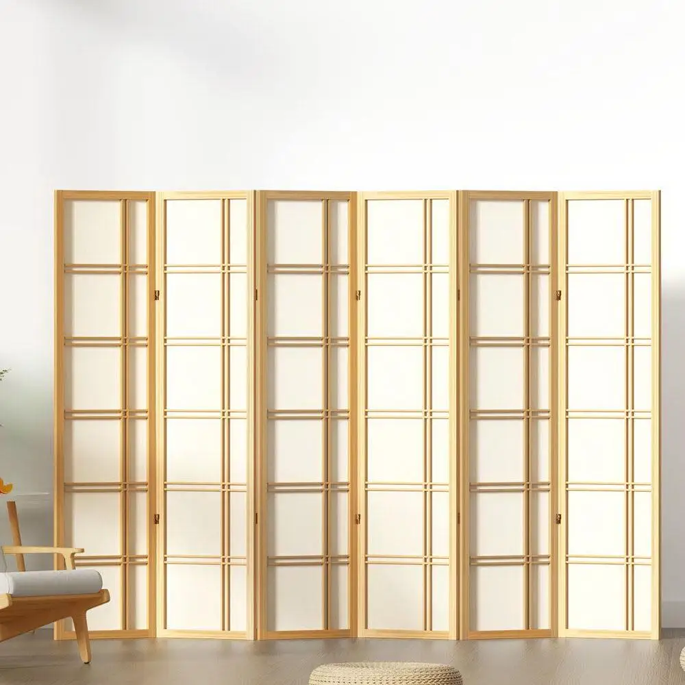 6 Panel Natural Room Divider Screen 265x179cm Folding Privacy Partition for Home Office Living Room Decor