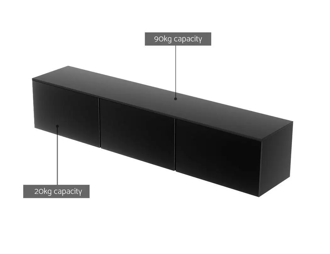 Modern High Gloss Black Floating TV Cabinet 200CM with 3 Cabinets Wall Mounted Entertainment Unit Storage Console