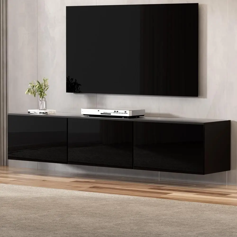 Modern High Gloss Black Floating TV Cabinet 200CM with 3 Cabinets Wall Mounted Entertainment Unit Storage Console