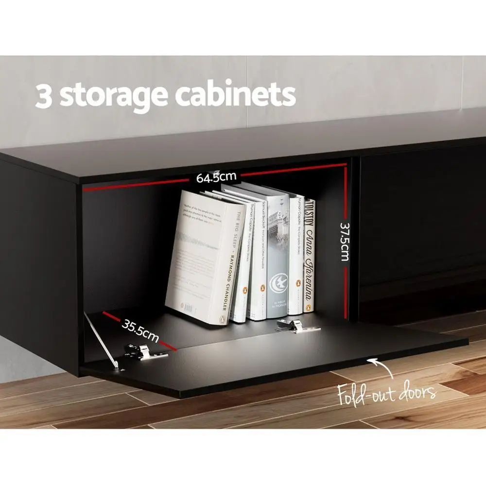 Modern High Gloss Black Floating TV Cabinet 200CM with 3 Cabinets Wall Mounted Entertainment Unit Storage Console