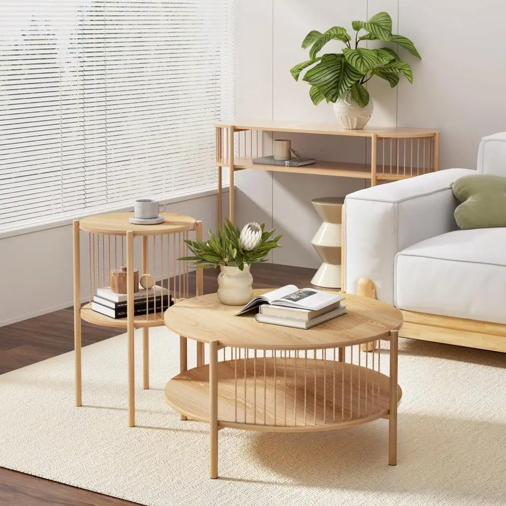 2 Tier Round Wooden Coffee Table Modern Living Room Side Table Storage End Table Minimalist Home Furniture