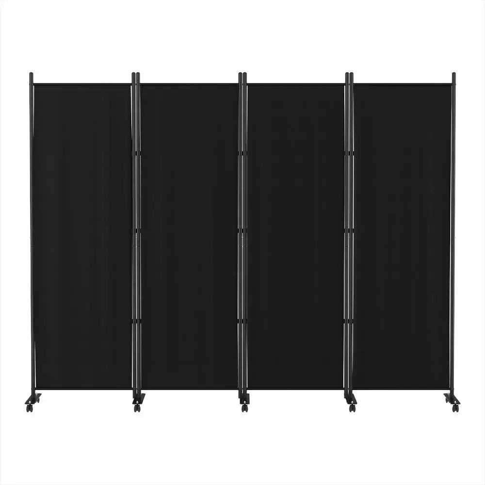 4 Panel Folding Room Divider Screen 217cm Black Fabric with Wheels Privacy Partition