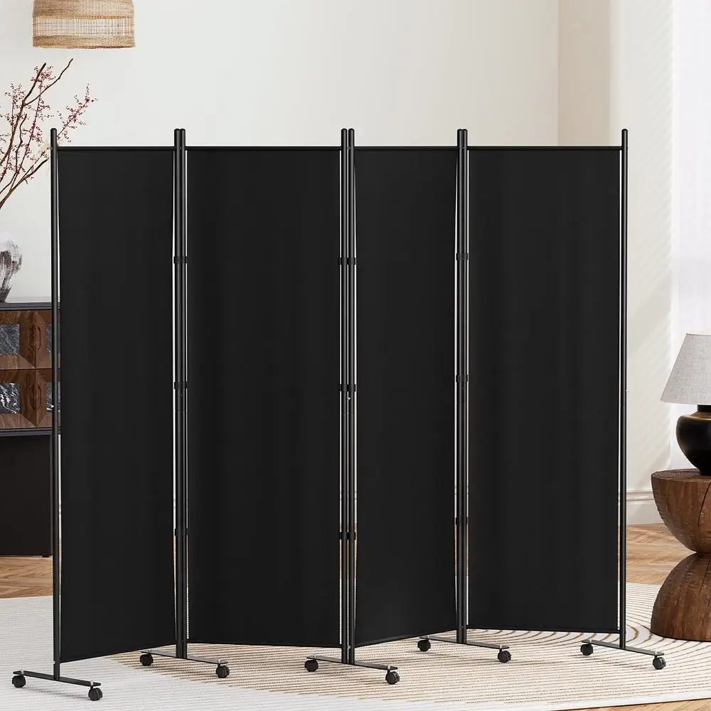 4 Panel Folding Room Divider Screen 217cm Black Fabric with Wheels Privacy Partition