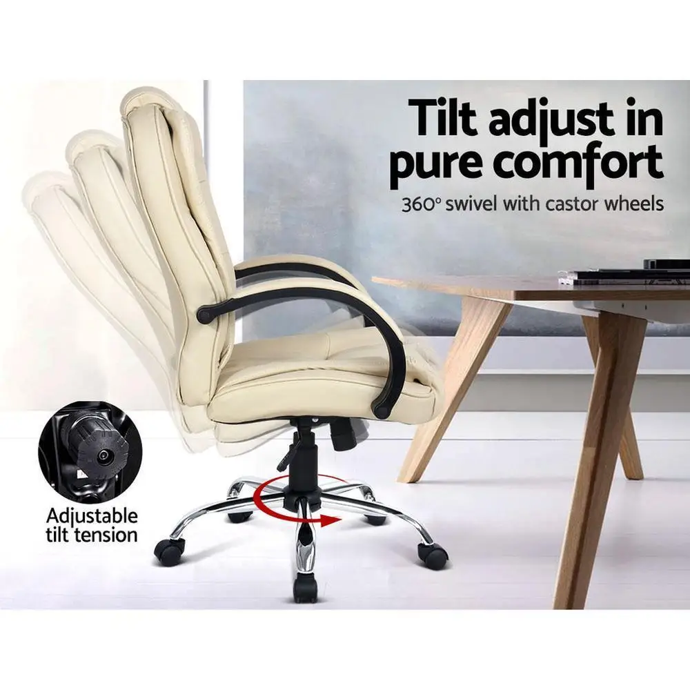 Executive Office Chair Leather Reclining Swivel Adjustable Beige High Back Ergonomic Padded Desk Chair for Home Office Conference Room