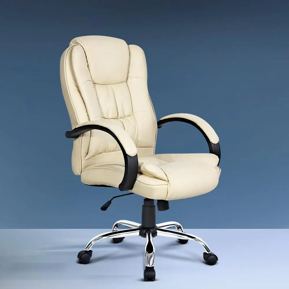 Executive Office Chair Leather Reclining Swivel Adjustable Beige High Back Ergonomic Padded Desk Chair for Home Office Conference Room