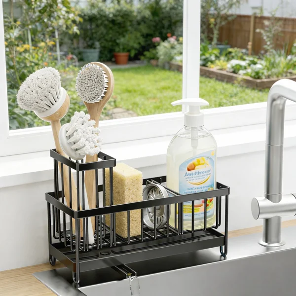 Dish Sponge Rack - Punch-Free Wall-Mounted, Long Brush Holder, Countertop Sink Rag Drain Storage Rack