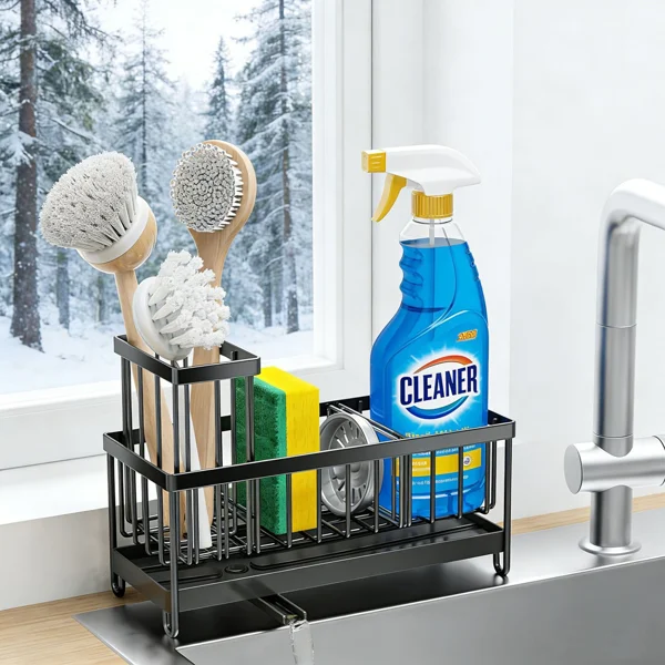 Dish Sponge Rack - Punch-Free Wall-Mounted, Long Brush Holder, Countertop Sink Rag Drain Storage Rack