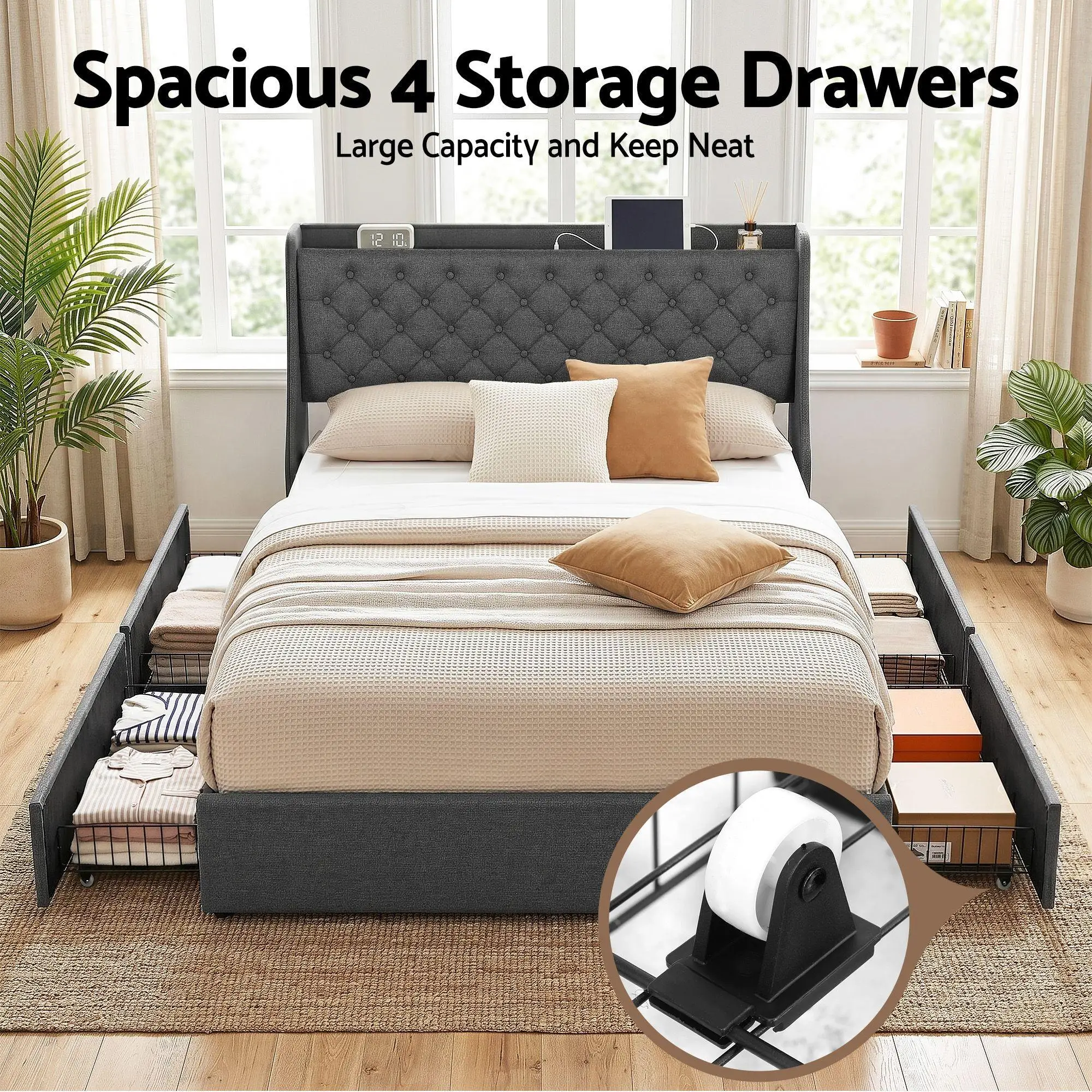 Queen Bed Frame with 4 Storage Drawers Charging Station Tufted Wingback Headboard 300kg Load Charcoal Grey