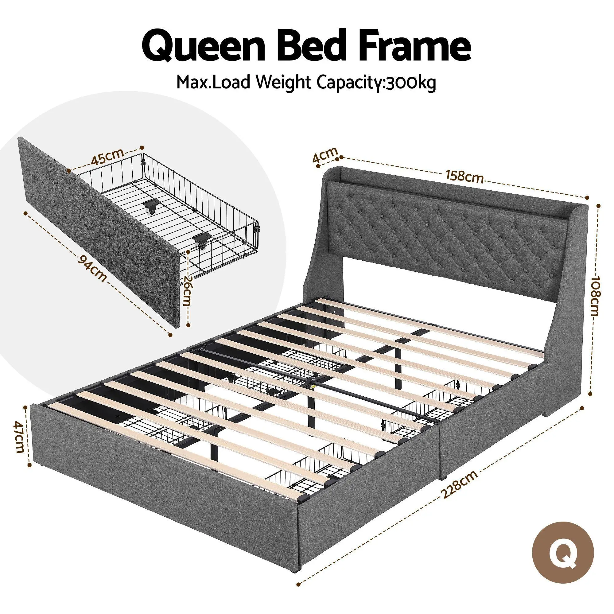 Queen Bed Frame with 4 Storage Drawers Charging Station Tufted Wingback Headboard 300kg Load Charcoal Grey