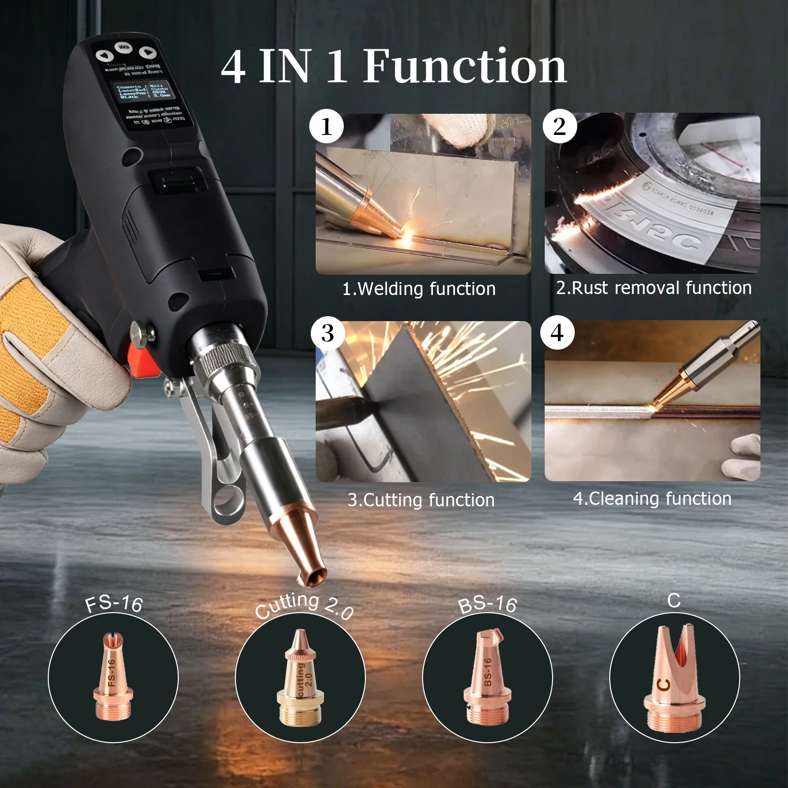 4-in-1 Laser Welding Machine, Raycus Laser, Ausen System, HW980 torch head, paired with a single wire feeder.