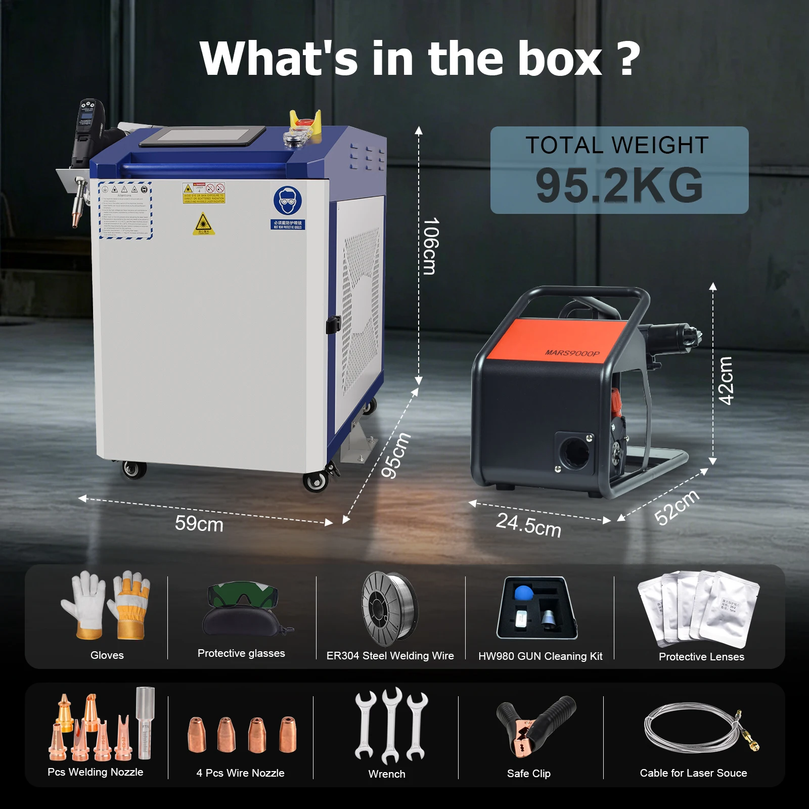 4-in-1 Laser Welding Machine, Raycus Laser, Ausen System, HW980 torch head, paired with a single wire feeder.