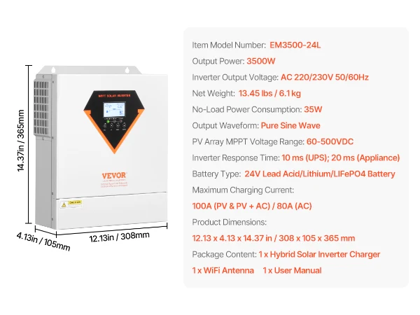VEVOR Hybrid Solar Inverter 3500W/6000W 24V DC to Single-Phase 220/230V AC, Built-in 100A MPPT Solar Controller for Off-Grid