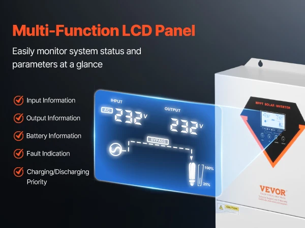 VEVOR Hybrid Solar Inverter 3500W/6000W 24V DC to Single-Phase 220/230V AC, Built-in 100A MPPT Solar Controller for Off-Grid