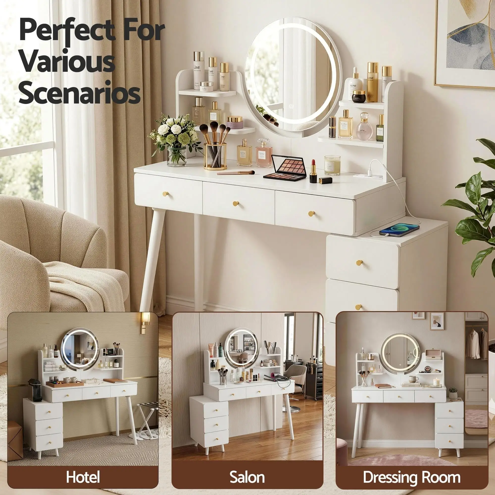 White LED Vanity Desk with Charging Station Dressing Table Makeup Desk Mirror Storage for Bedroom and Home Use