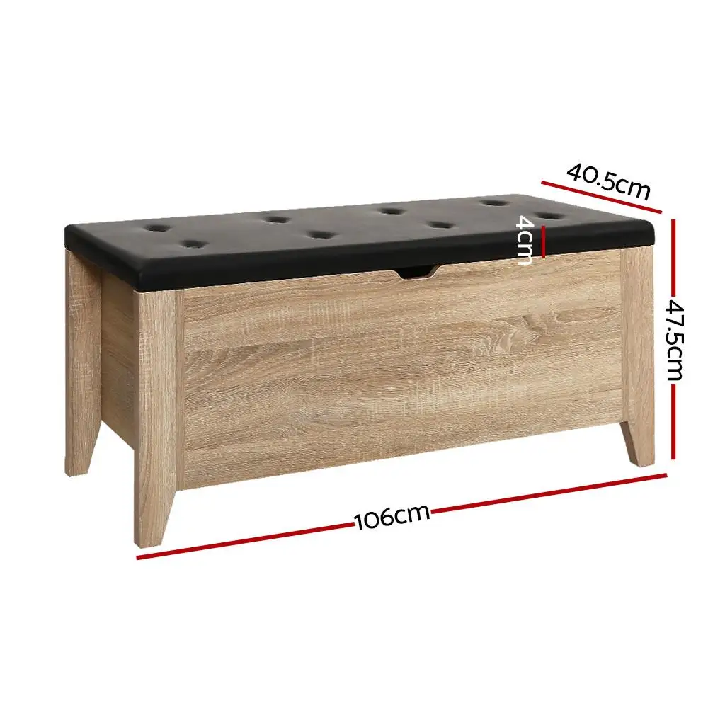 Leather Storage Ottoman Blanket Box Oak Finish Upholstered Bench Seat Chest for Bedroom Living Room Hidden Storage Organizer