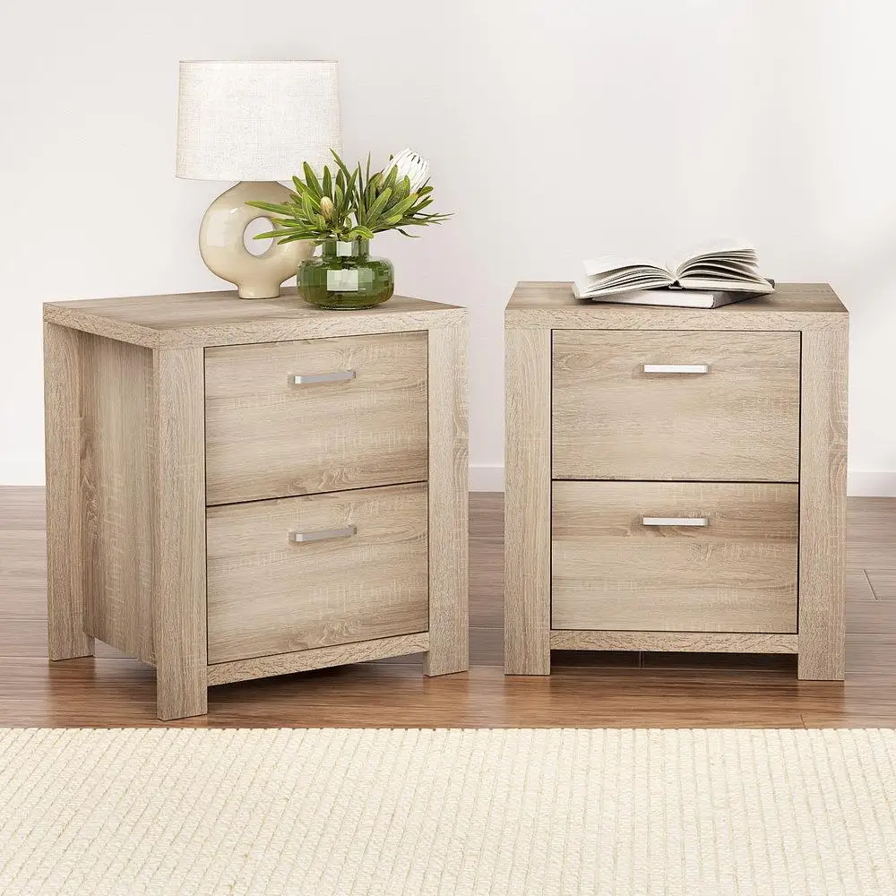 2 Pack Pine Bedside Table with 2 Drawers Modern Wooden Nightstand Storage Cabinet for Bedroom Furniture