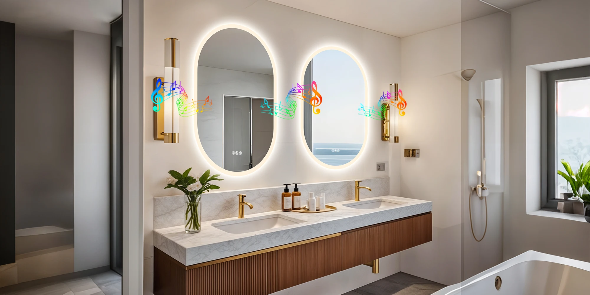 LUVODI Modern Oval LED Bathroom Mirror Dimmable Bluetooth Speaker Backlit Vanity Makeup Mirror for Home Bathroom
