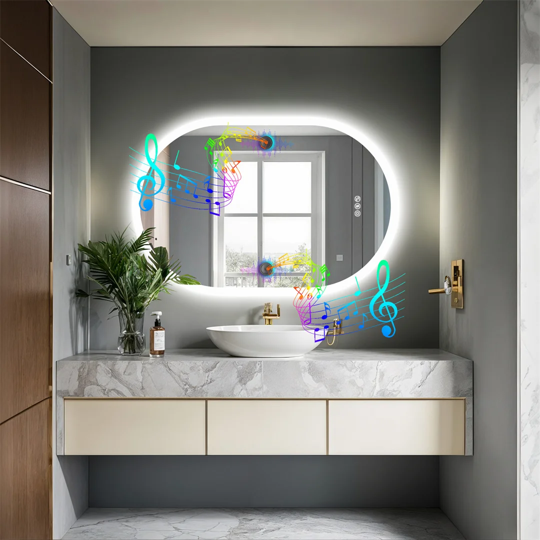 LUVODI Modern Oval LED Bathroom Mirror Dimmable Bluetooth Speaker Backlit Vanity Makeup Mirror for Home Bathroom
