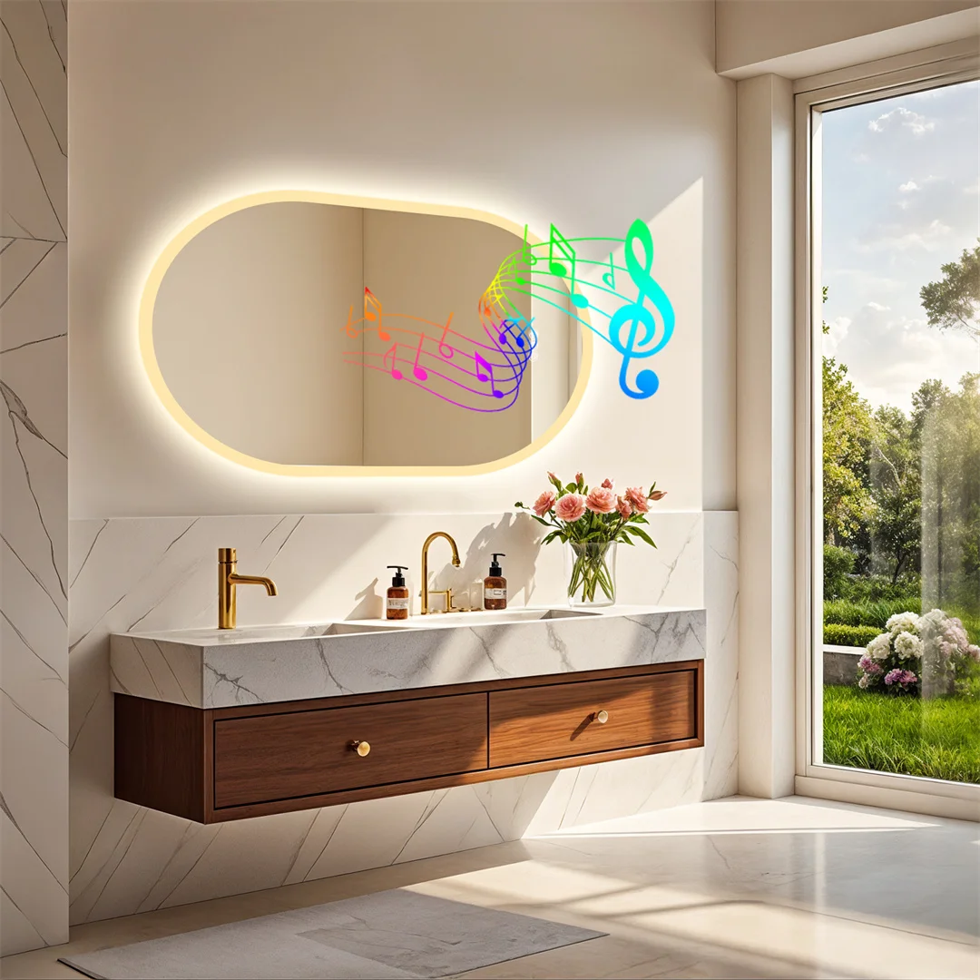 LUVODI Modern Oval LED Bathroom Mirror Dimmable Bluetooth Speaker Backlit Vanity Makeup Mirror for Home Bathroom