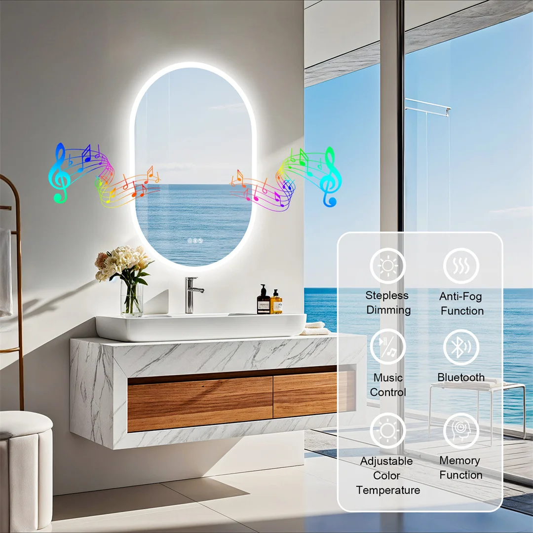 LUVODI Modern Oval LED Bathroom Mirror Dimmable Bluetooth Speaker Backlit Vanity Makeup Mirror for Home Bathroom