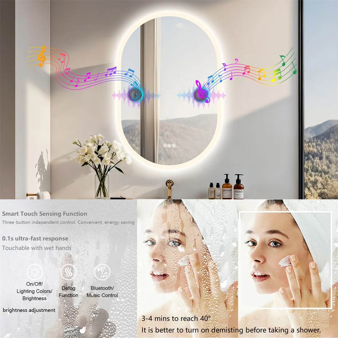 LUVODI Modern Oval LED Bathroom Mirror Dimmable Bluetooth Speaker Backlit Vanity Makeup Mirror for Home Bathroom