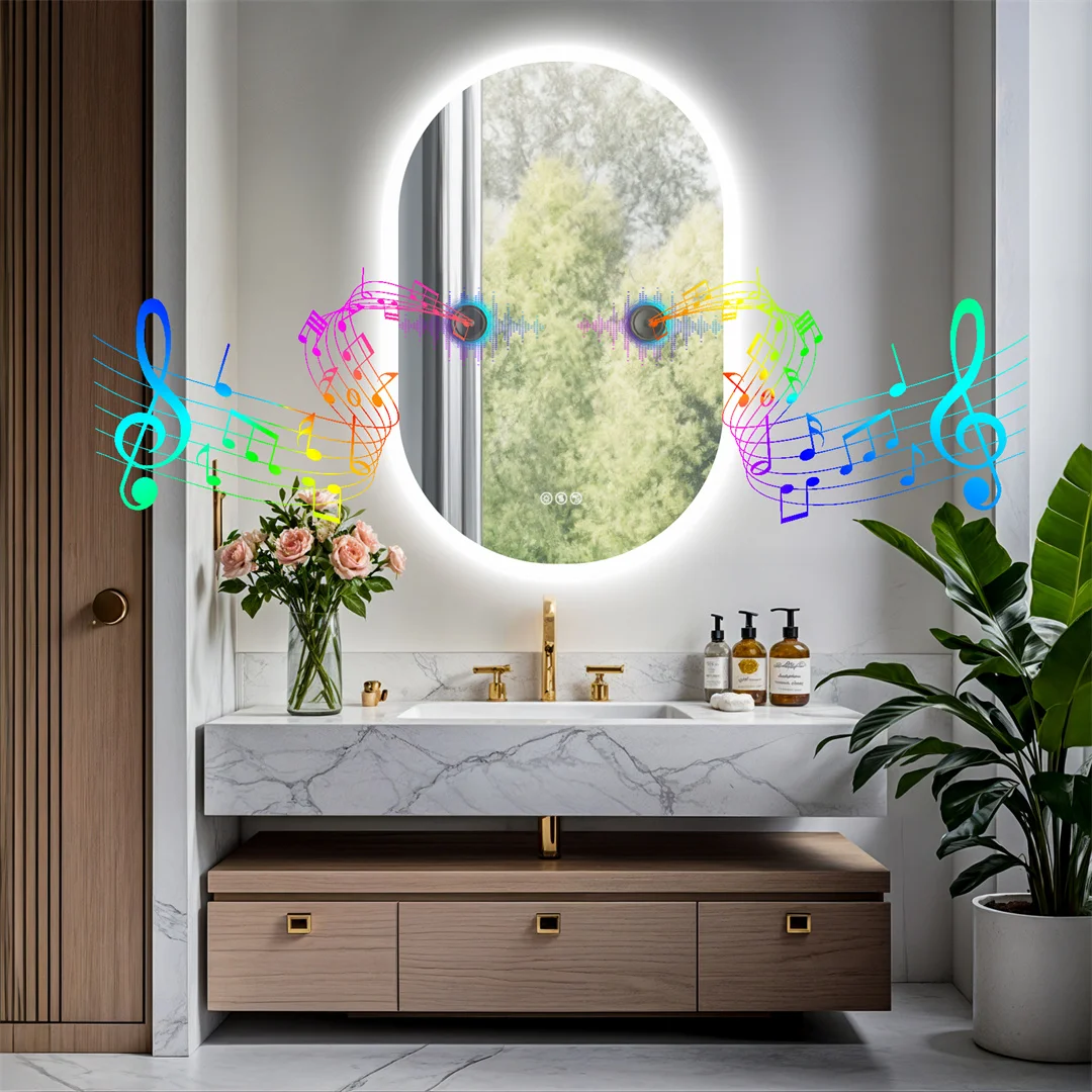 LUVODI Modern Oval LED Bathroom Mirror Dimmable Bluetooth Speaker Backlit Vanity Makeup Mirror for Home Bathroom