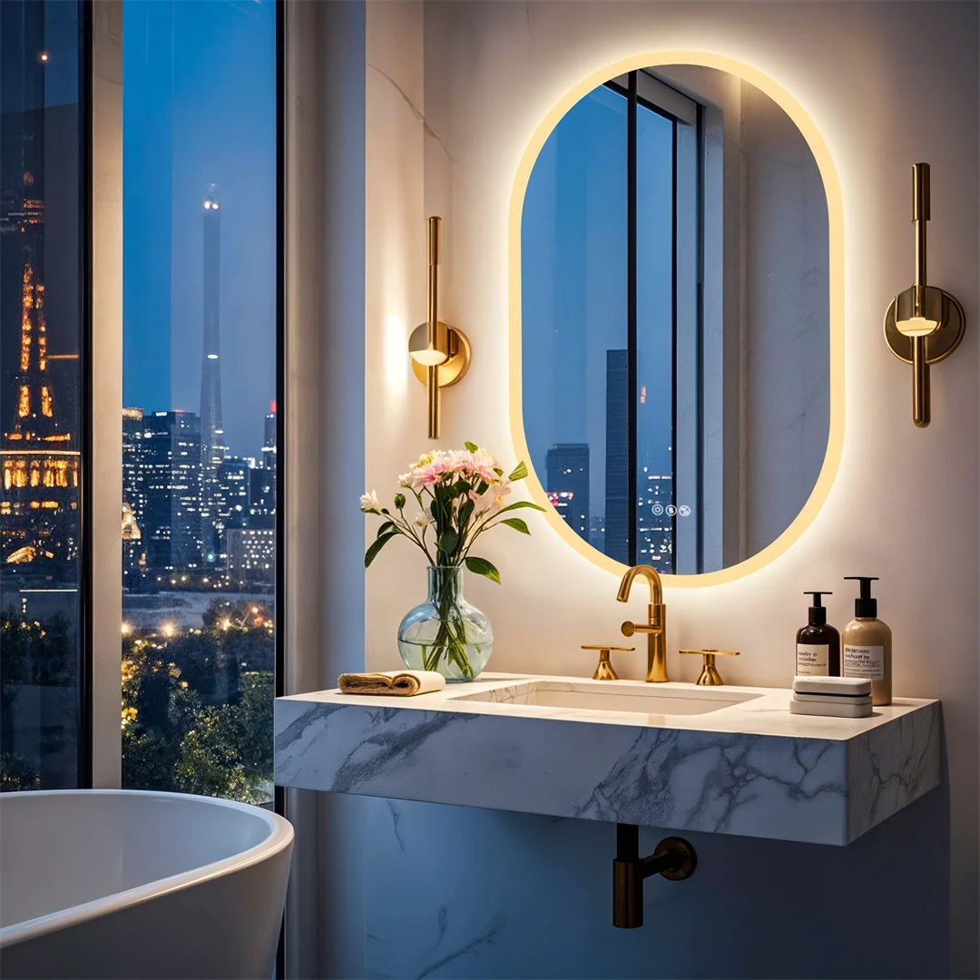 LUVODI Modern Oval LED Bathroom Mirror Dimmable Bluetooth Speaker Backlit Vanity Makeup Mirror for Home Bathroom