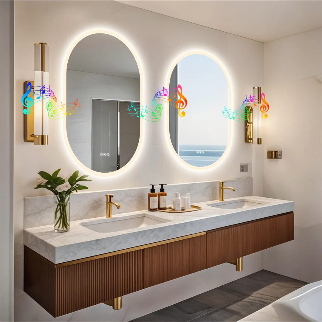 LUVODI Modern Oval LED Bathroom Mirror Dimmable Bluetooth Speaker Backlit Vanity Makeup Mirror for Home Bathroom