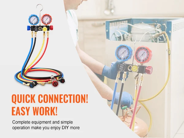 SucceBuy 4 Way AC Gauge-AC Manifold Gauge Set 5ft Hoses for R134A/R22/R12/R410A Work on Car Auto Freon Charging and Evacuation