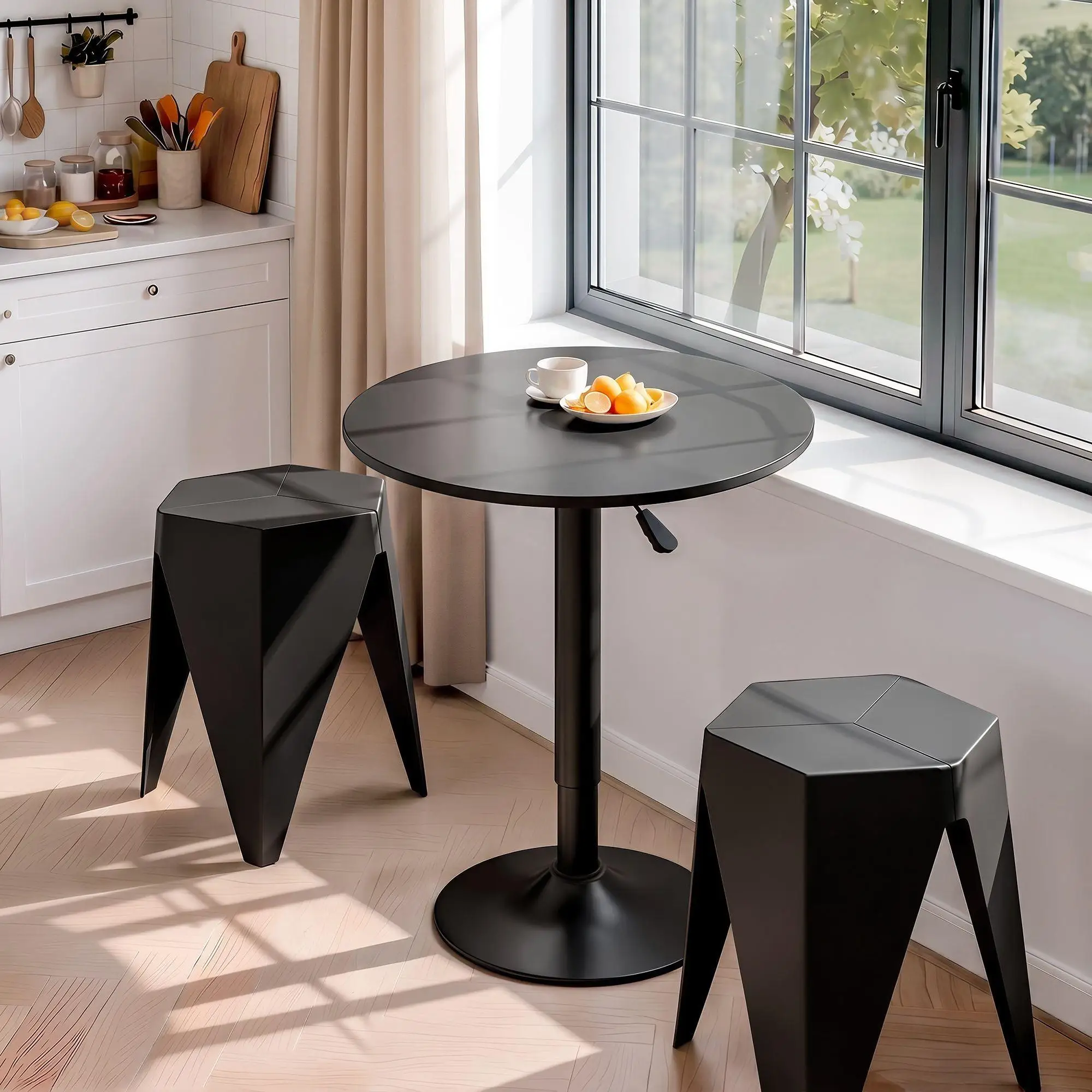 3 Piece Black Bar Stools and Table Set for Dining Kitchen Cafe and Pub Use